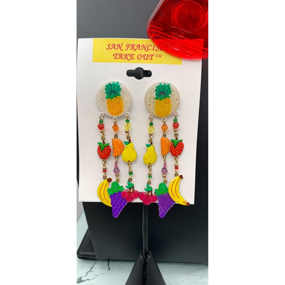 Vintage NOS Whimsical Fruit Salad Drop pierced Earrings with dangling fruits